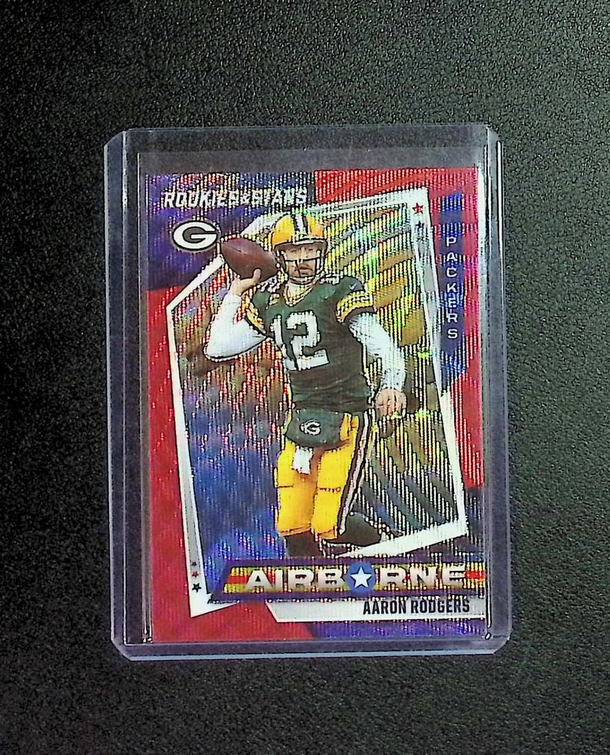 Aaron Rodgers Airborne Red Wave Prizm 2021 Panini Rookies & Stars #AB-7 Packers: Panini Select, Prizm, Mosaic, Contenders, Zenith, Phoenix, Illusions, Absolute, Rookie NFL Sports Trading Cards, SP, SSP, Cards, Football Cards for Sale Near Me, Superbowl & Hall of Fame Player Cards,