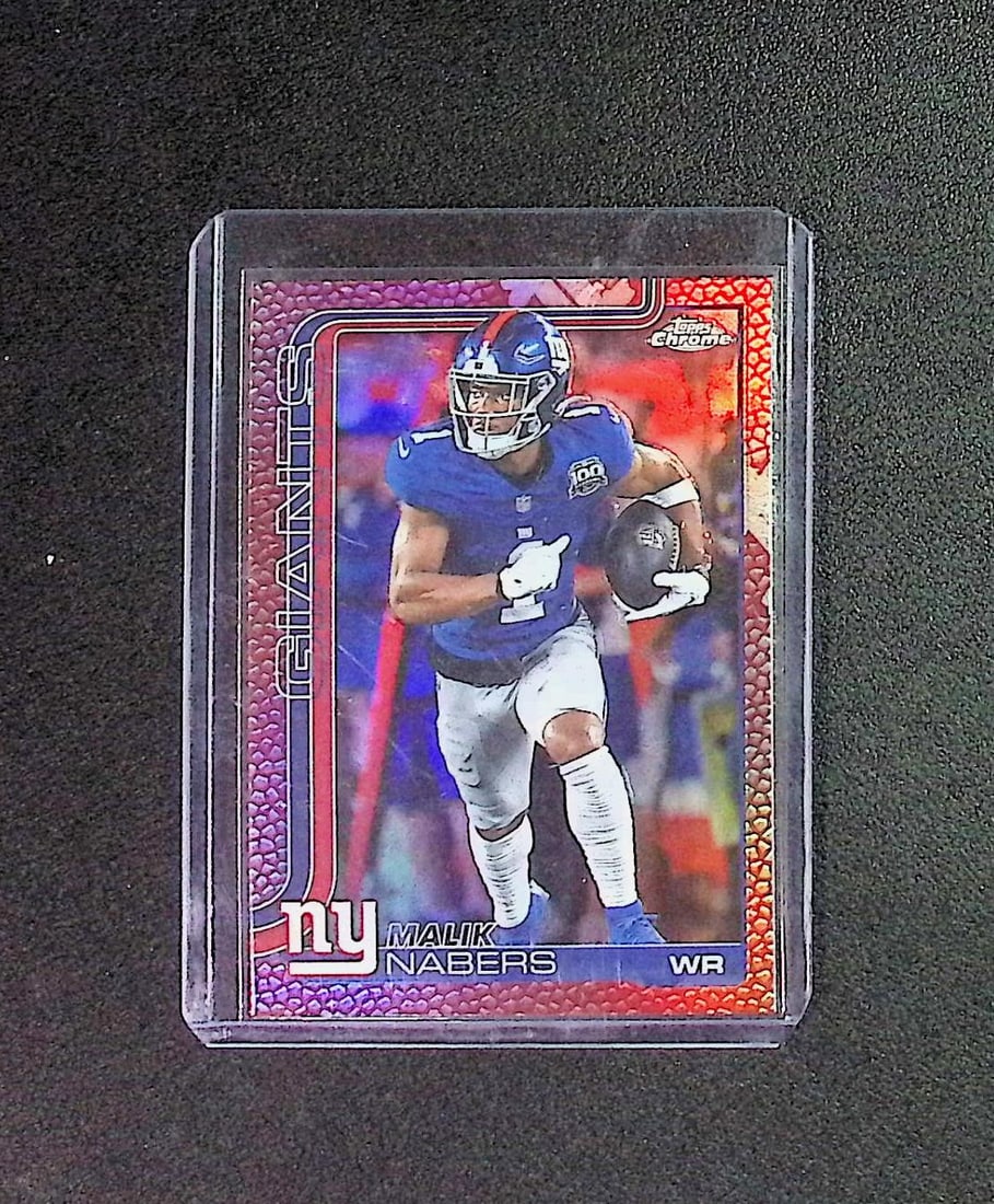Malik Nabers Football Leather Refractor 2025 Topps Chrome #225 New York Giants: Topps Football NFL Trading Sports Cards, Sports Cards for Sale Near Me, Super Bowl & Hall of Fame Player Cards, Resurgence, Composite, SP, SSP, Valuable Auction Memorabilia Lots For Sale On Line
