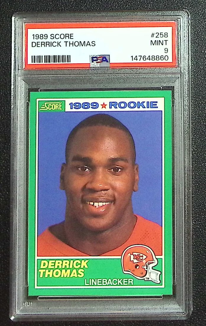 Derrick Thomas Rookie Card 1989 Score #258 PSA 9 Kansas City Chiefs: Score Football NFL Trading Cards, Old Sports Cards for Sale Near Me, Hall of Fame & Super Bowl Player Cards, Auction Memorabilia Lots for Sale on Line