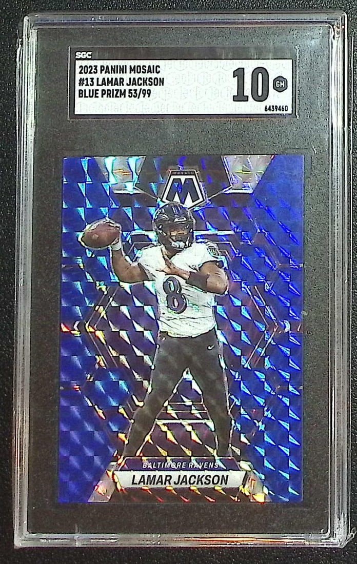 Lamar Jackson Blue Prizm /99 2023 Mosaic #13 SGC 10 Baltimore Ravens: Panini, Donruss Optic, & Donruss Select, Prizm, Mosaic, Contenders, Zenith, Phoenix, Illusions, Absolute, Rookie NFL Sports Trading Cards, SP, SSP, Cards, Football Cards for Sale Near Me, Superbowl & 