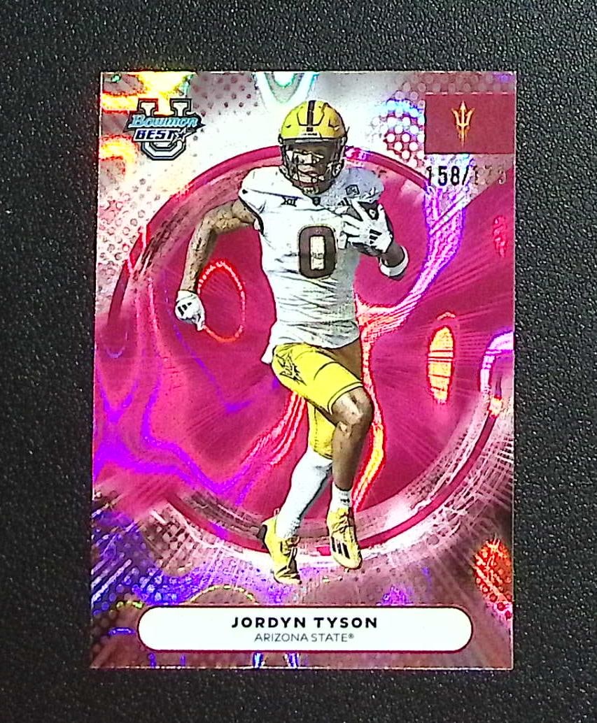 Jordyn Tyson Pink Lava /175 2025 Bowman U Best #29 ASU Sun Devils, Saints: Topps & Bowman Football NFL Trading Sports Cards, Sports Cards for Sale Near Me, Super Bowl & Hall of Fame Player Cards, Resurgence, Composite, SP, SSP, Valuable Auction Memorabilia Lots For Sale On L