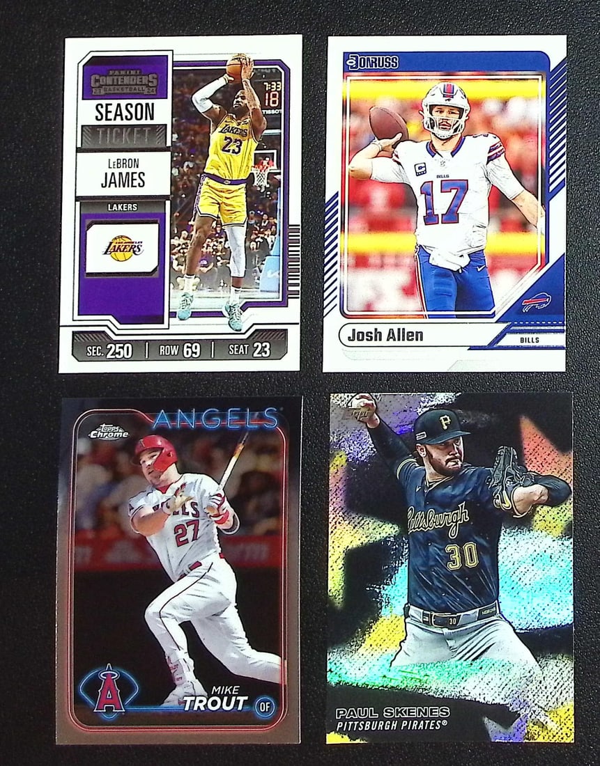 Multi Sport Lot of 4 Superstars. LeBron James, Josh Allen, Mike Trout, Paul Skenes: Panini, Donruss, & Donruss Optic Baseball MLB Trading & Sports Cards, Sports Cards for Sale Near Me, Prizm, Mosaic, Select, SP, SSP, Auction Memorabilia Lots for Sale On Line, World Series & Hall of F