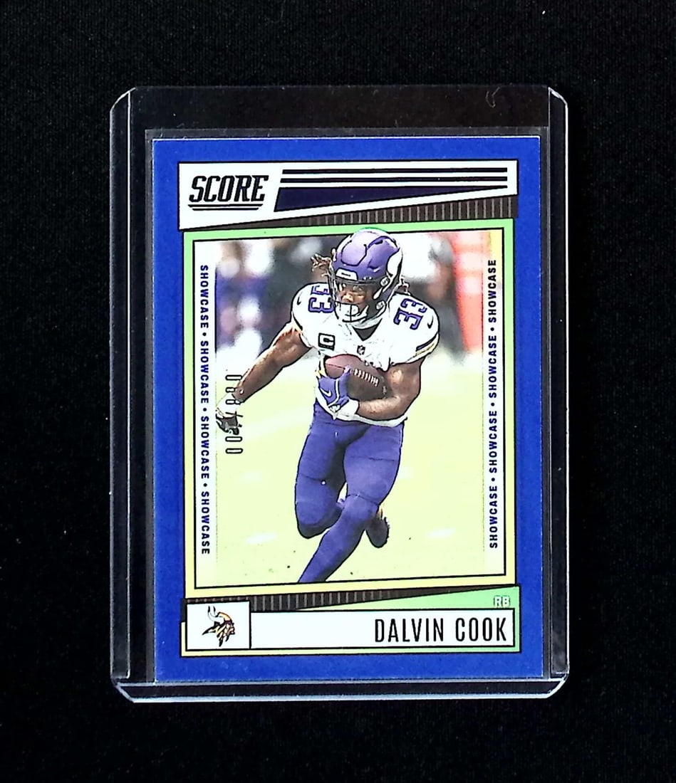 Dalvin Cook Showcase Blue /100 2022 Panini Score #107: Panini, Donruss Optic, & Donruss Select, Prizm, Mosaic, Contenders, Zenith, Phoenix, Illusions, Absolute, Rookie NFL Sports Trading Cards, SP, SSP, Cards, Football Cards for Sale Near Me, Superbowl & 
