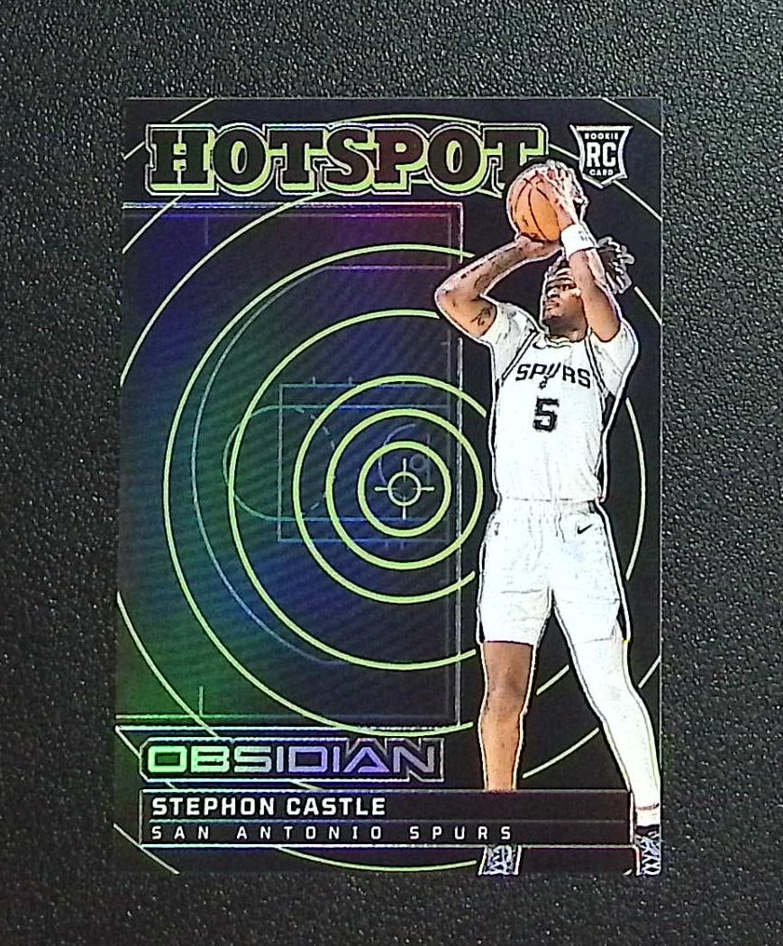 Stephon Castle Rookie Card Hotspot /125 2024-25 Obsidian #6 San Antonio Spurs: Panini, Donruss Optic, Donruss Select, Prizm, Mosaic, Contenders, Revolution, Phoenix, NBA Hoops, Rookie NFL Sports Trading Cards, Silver, SP, SSP, Wave Prizms, Numbered Cards, Basketball sports Cards