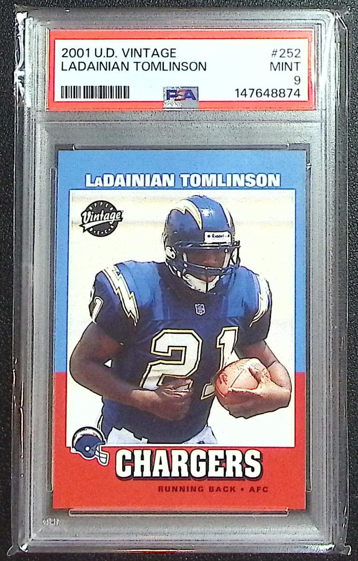 LaDainian Tomlinson Rookie Card 2001 Upper Deck Vintage #252 PSA 9 Chargers: Upper Deck, Vintage Football NFL Trading Cards, Old Sports Cards for Sale Near Me, Hall of Fame & Super Bowl Player Cards, Auction Memorabilia Lots for Sale on Line