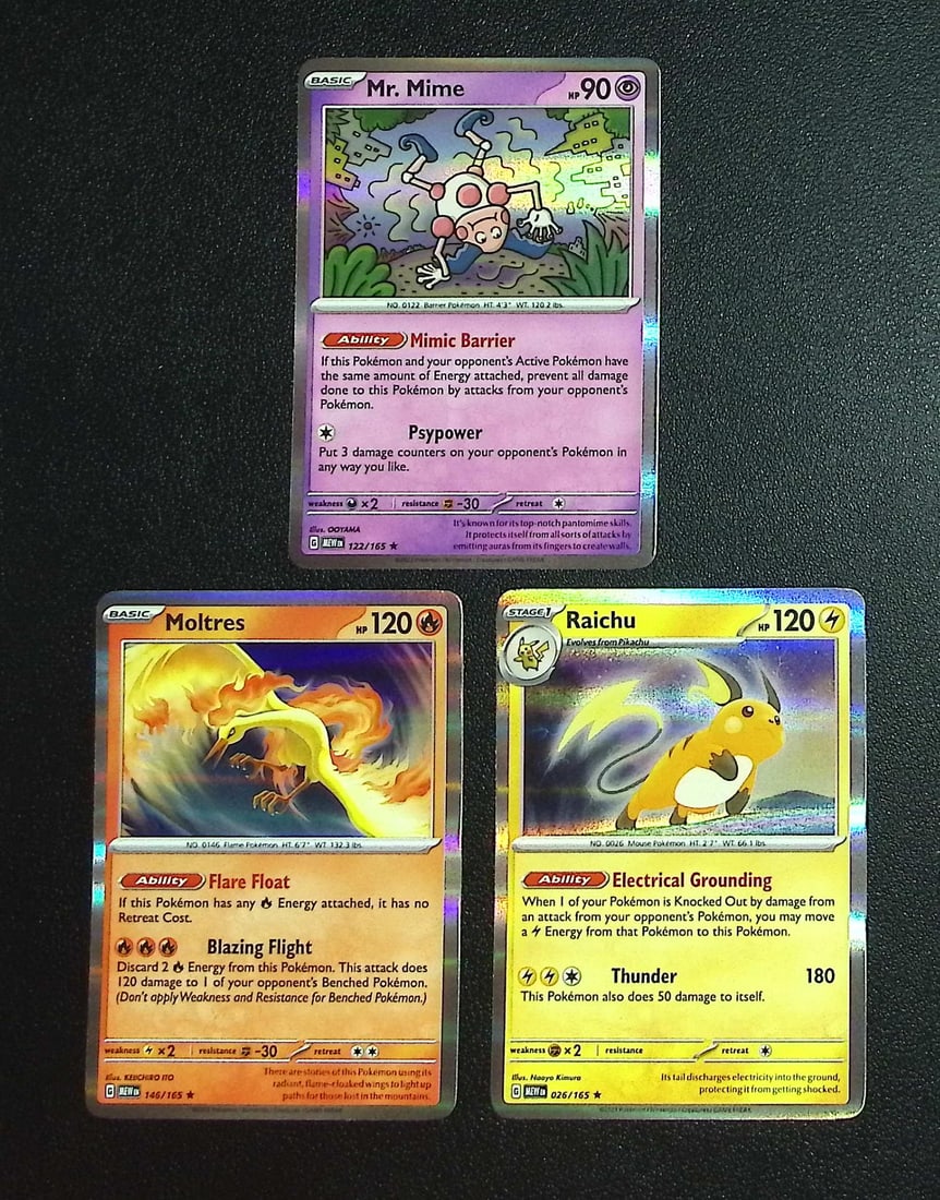 Lot of 3 Pokemon Scarlet & Violet 151 Holo Rares. Mr. Mime #122, Moltres #146, Raichu #26: Pokemon Trading Card Game Cards, Charizard, Pikachu, Mewtwo, Reverse Holo, Holo Rare, Secret Rare Cards, Full Art Cards, Eevee, Ultra Rare Card, Illustration Rare, Special Illustration Rare SIR