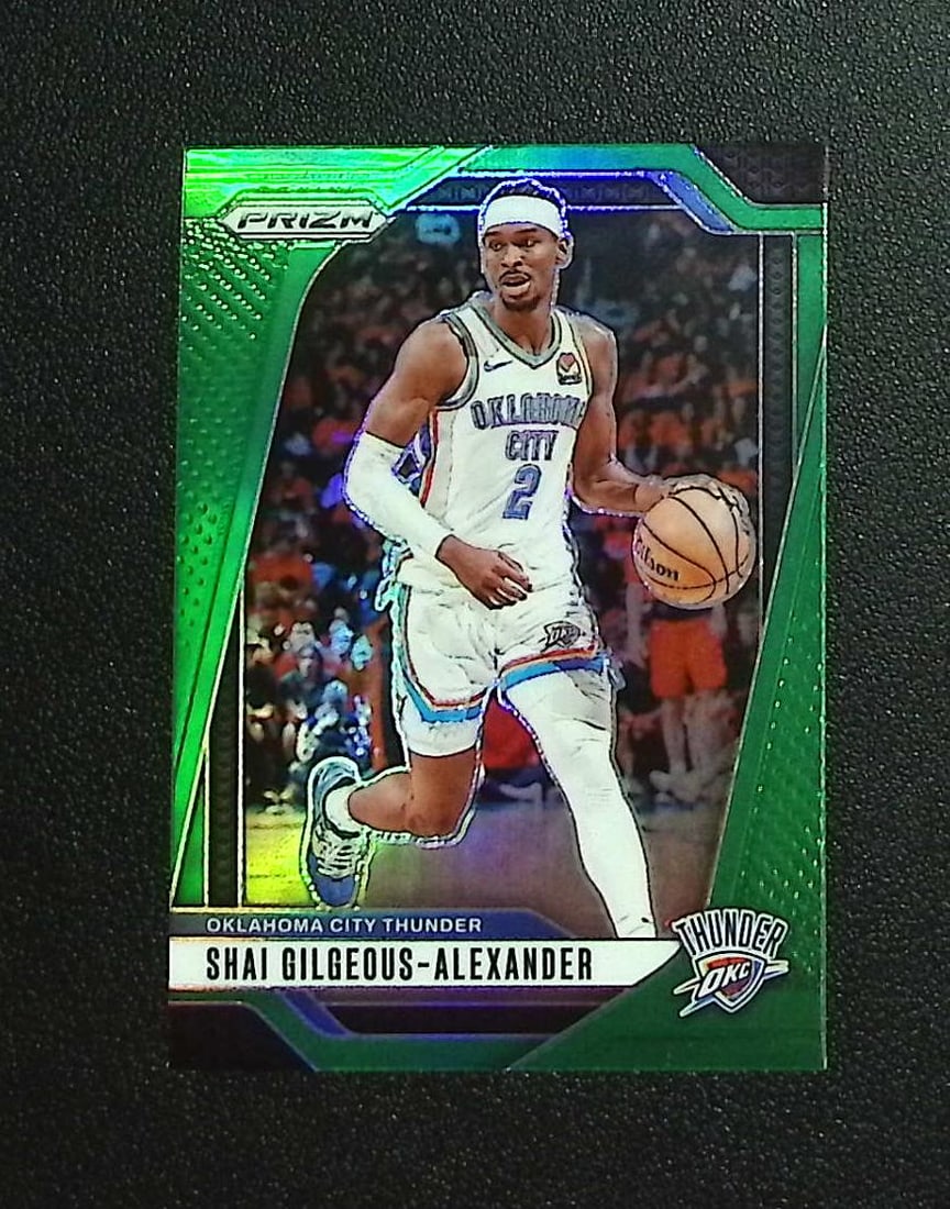 Shai Gilgeous-Alexander Green Prizm 2024-25 Panini Prizm #113 OKC Thunder: Panini, Donruss Optic, Donruss Select, Prizm, Mosaic, Contenders, Revolution, Phoenix, NBA Hoops, Rookie NFL Sports Trading Cards, Silver, SP, SSP, Wave Prizms, Numbered Cards, Basketball sports Cards