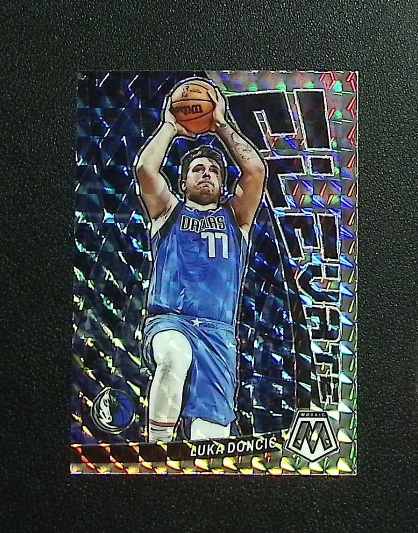 Luka Doncic Elevate Silver Mosaic Prizm 2022-23 Mosaic #19 Mavericks, Lakers: Panini, Donruss Optic, Donruss Select, Prizm, Mosaic, Contenders, Revolution, Phoenix, NBA Hoops, Rookie NFL Sports Trading Cards, Silver, SP, SSP, Wave Prizms, Numbered Cards, Basketball sports Cards