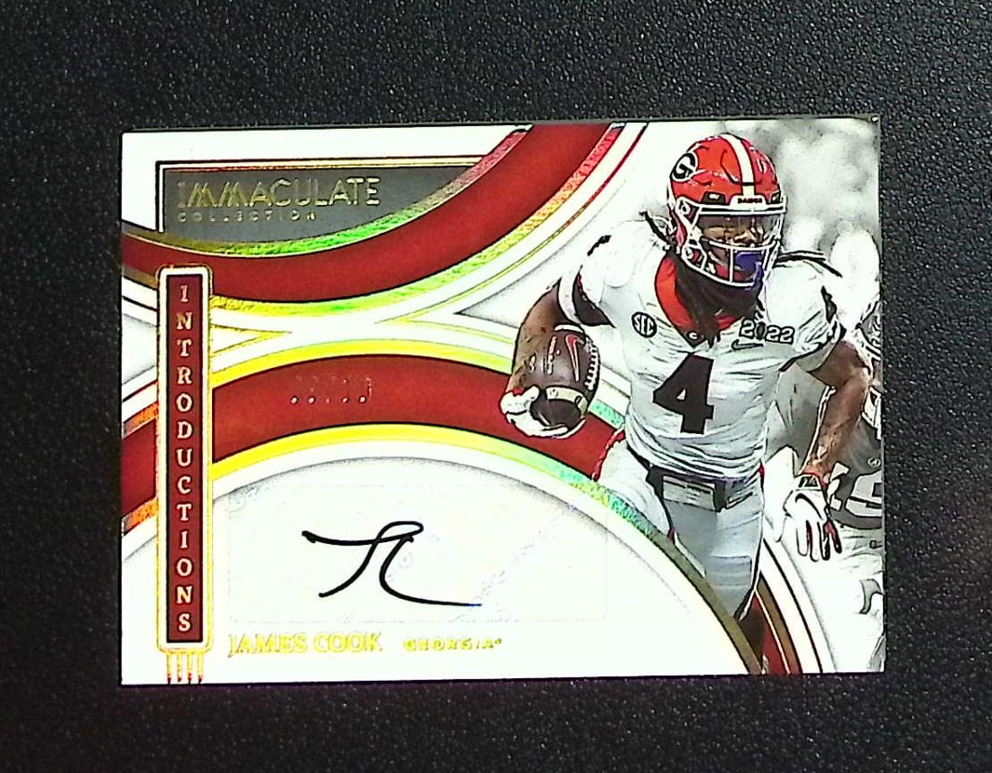 James Cook Rookie Auto Gold /10 2022 Panini Immaculate Collegiate #II-JCO Georgia: Panini, Donruss Optic, & Donruss Select, Prizm, Mosaic, Contenders, Zenith, Phoenix, Illusions, Absolute, Rookie NFL Sports Trading Cards, SP, SSP, Cards, Football Cards for Sale Near Me, Superbowl & 