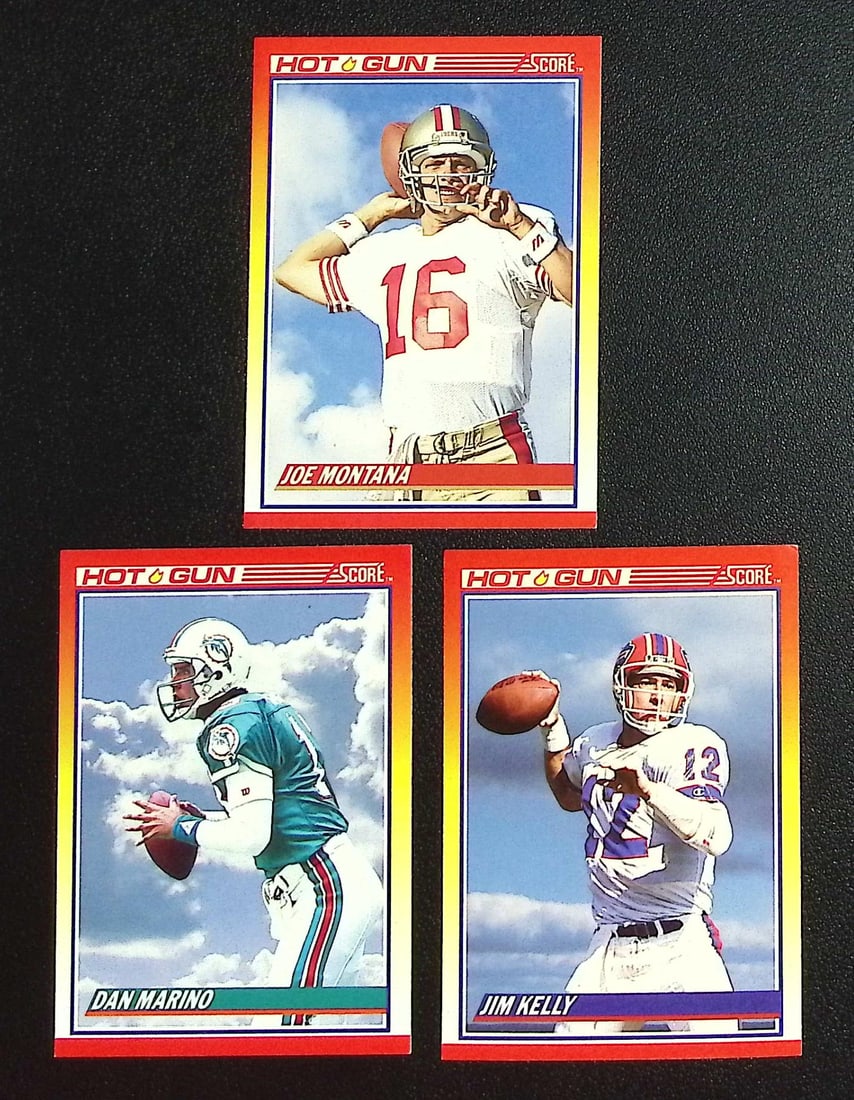 Lot of 3 1990 Score Football Hot Gun QB Inserts. Montana, Marino, Kelly: Score Vintage Football NFL Trading Cards, Old Sports Cards for Sale Near Me, Hall of Fame & Super Bowl Player Cards, Auction Memorabilia Lots for Sale on Line