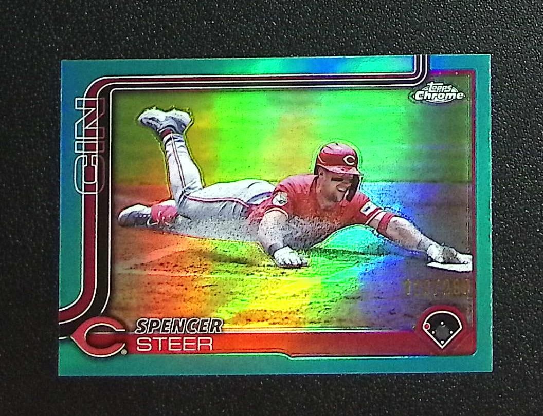 Spencer Steer Aqua Refractor /299 2025 Topps Chrome #174 Cincinnati Reds: Topps, Bowman, & Fanatics Baseball MLB Trading & Sports Cards, Sports Cards for Sale Near Me, World Series & Hall of Fame Players Memorabilia, Refractors, X-Fractors, Numbered, SP, SSP, Valuable Aucti