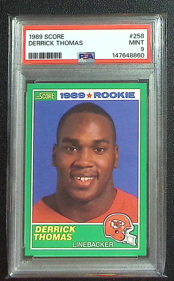 Derrick Thomas Rookie Card 1989 Score #258 PSA 9 Chiefs: Score Vintage Football NFL Trading Cards, Old Sports Cards for Sale Near Me, Hall of Fame & Super Bowl Player Cards, Auction Memorabilia Lots for Sale on Line