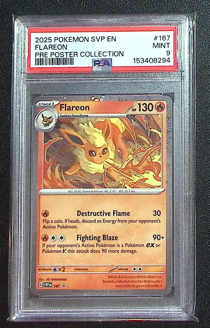 Pokmeon Prismatic Evolutions Poster Collection Promo Flareon #167 PSA 9: Pokemon Trading Card Game Cards, Charizard, Pikachu, Mewtwo, Reverse Holo, Holo Rare, Secret Rare Cards, Full Art Cards, Eevee, Ultra Rare Card, Illustration Rare, Special Illustration Rare SIR