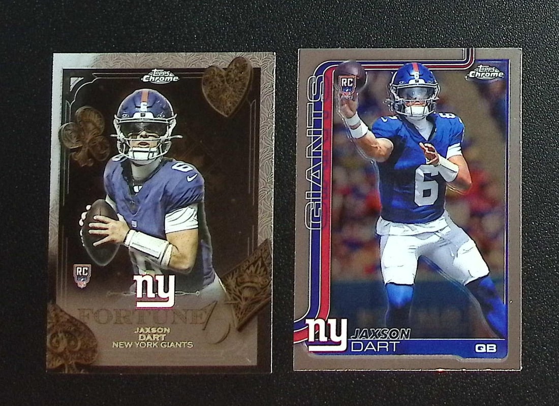 Lot of 2 Jaxson Dart Rookie Cards 2025 Topps Chrome #F15-23 & #306 New York Giants: Topps & Bowman Football NFL Trading Sports Cards, Sports Cards for Sale Near Me, Super Bowl & Hall of Fame Player Cards, Resurgence, Composite, SP, SSP, Valuable Auction Memorabilia Lots For Sale On