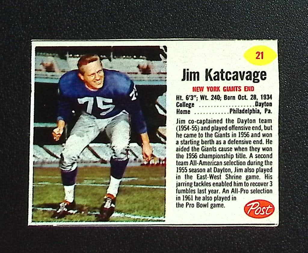 Jim Katcavage 1962 Post Cereal #21 New York Giants: Topps & Bowman Football NFL Trading Sports Cards, Sports Cards for Sale Near Me, Super Bowl & Hall of Fame Player Cards, Resurgence, Composite, SP, SSP, Valuable Auction Memorabilia Lots For Sale On L