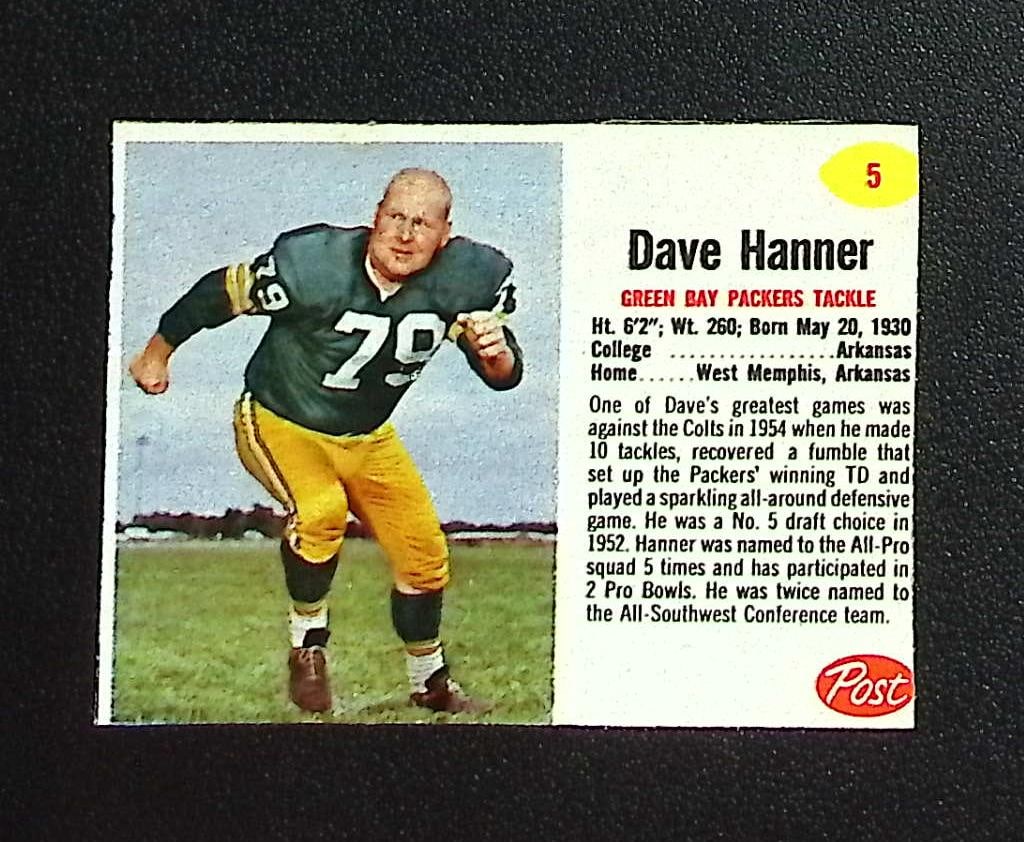 Dave Hanner 1962 Post Cereal #5 Green Bay Packers: Topps & Bowman Football NFL Trading Sports Cards, Sports Cards for Sale Near Me, Super Bowl & Hall of Fame Player Cards, Resurgence, Composite, SP, SSP, Valuable Auction Memorabilia Lots For Sale On L