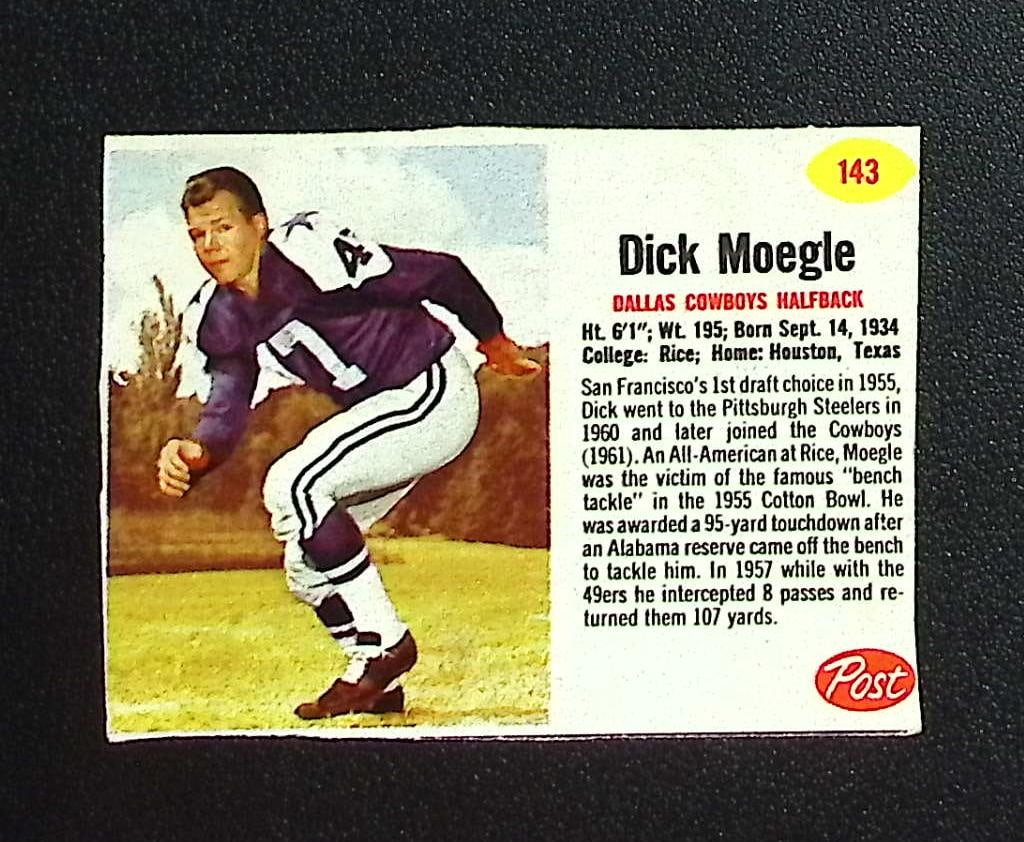 Dick Moegle 1962 Post Cereal #143 Dallas Cowboys: Topps & Bowman Football NFL Trading Sports Cards, Sports Cards for Sale Near Me, Super Bowl & Hall of Fame Player Cards, Resurgence, Composite, SP, SSP, Valuable Auction Memorabilia Lots For Sale On L