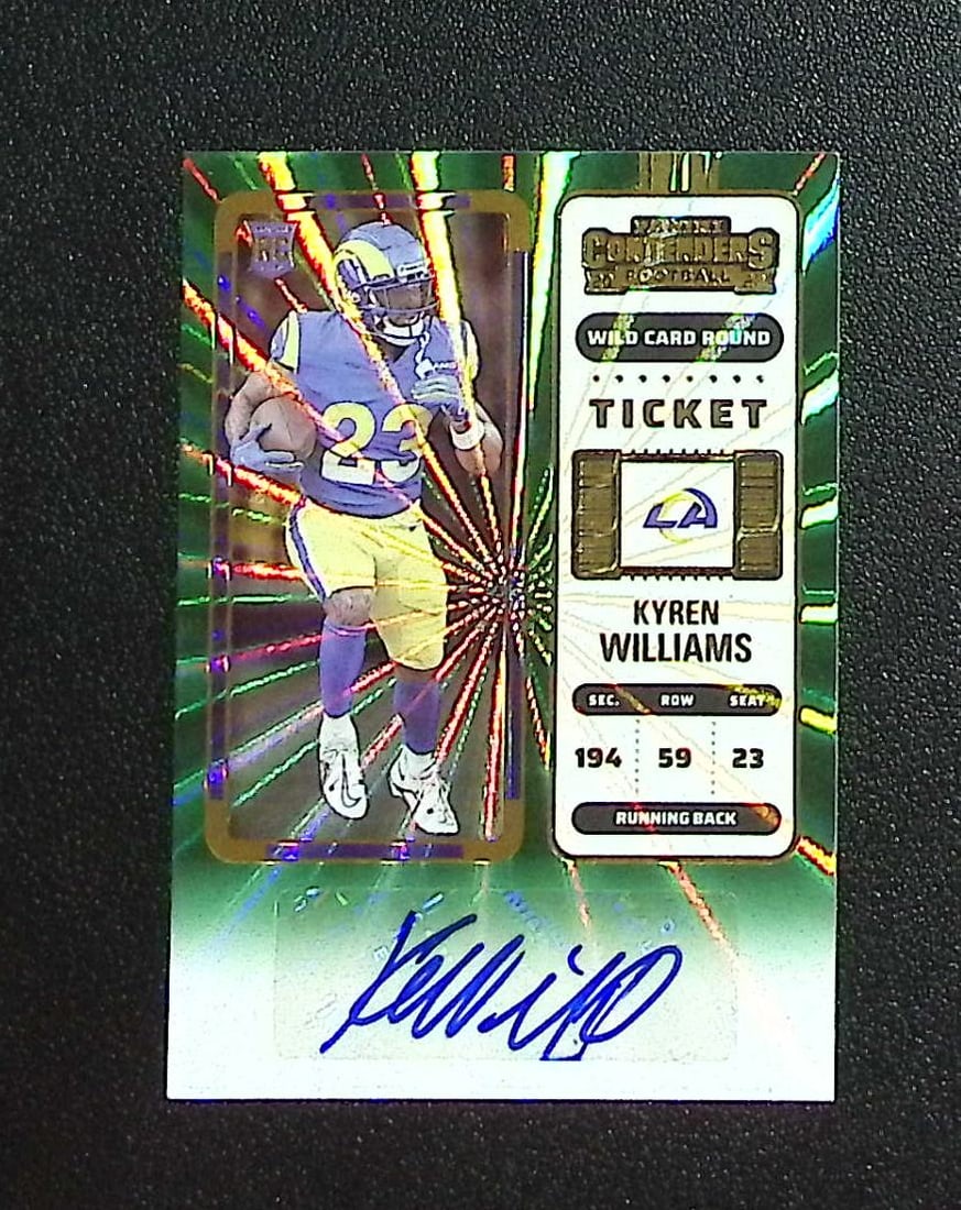 Kyren Williams Rookie Auto Green Laser 2022 Contenders #229 Los Angeles Rams: Panini, Donruss Optic, & Donruss Select, Prizm, Mosaic, Contenders, Zenith, Phoenix, Illusions, Absolute, Rookie NFL Sports Trading Cards, SP, SSP, Cards, Football Cards for Sale Near Me, Superbowl & 