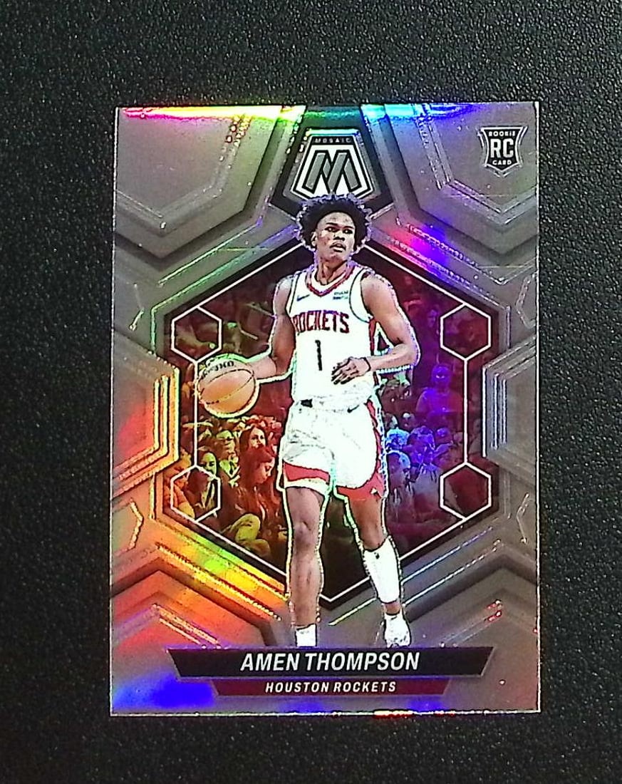 Amen Thompson Rookie Card Silver Prizm 2023-24 Mosaic #230 Houston Rockets: Panini, Donruss Optic, Donruss Select, Prizm, Mosaic, Contenders, Revolution, Phoenix, NBA Hoops, Rookie NFL Sports Trading Cards, Silver, SP, SSP, Wave Prizms, Numbered Cards, Basketball sports Cards