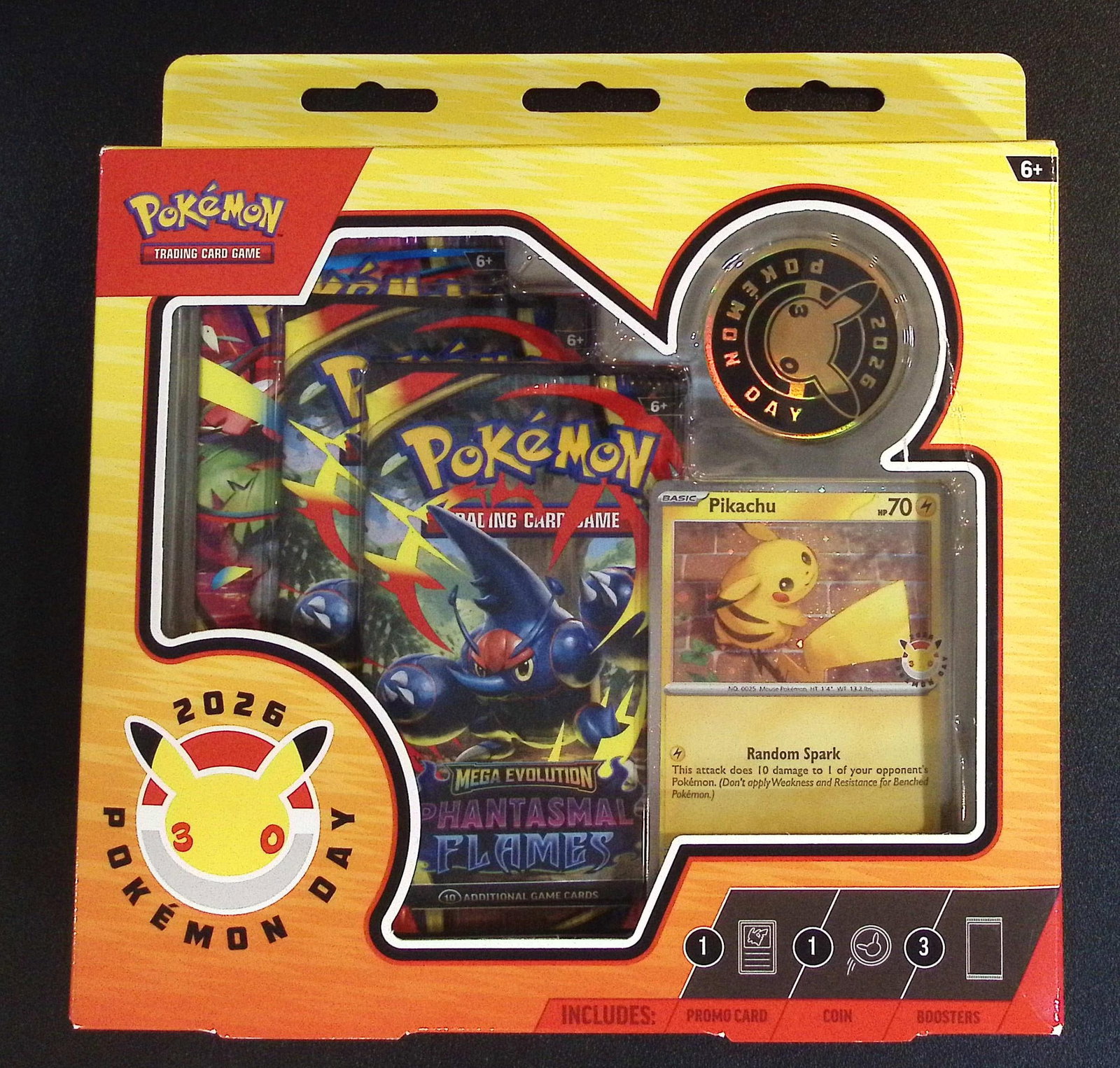 2026 Pokemon Day Collection Sealed. 3 Booster Packs of Phantasmal Flames: Pokemon Trading Card Game Cards, Charizard, Pikachu, Mewtwo, Reverse Holo, Holo Rare, Secret Rare Cards, Full Art Cards, Eevee, Ultra Rare Card, Illustration Rare, Special Illustration Rare SIR