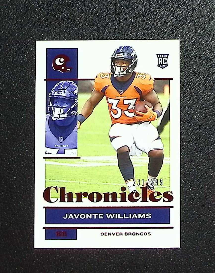 Javonte Williams Rookie Card Red /399 2021 Chronicles #31 Broncos, Cowboys: Panini, Donruss Optic, & Donruss Select, Prizm, Mosaic, Contenders, Zenith, Phoenix, Illusions, Absolute, Rookie NFL Sports Trading Cards, SP, SSP, Cards, Football Cards for Sale Near Me, Superbowl & 