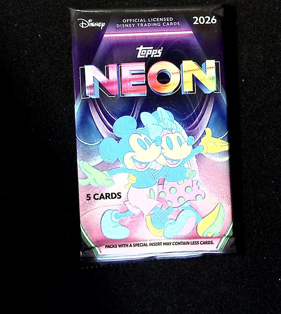 2026 Topps Disney Neon BLASTER BOX PACK: Disney Topps Trading Cards of Movies & Television Shows, Refractors, Ray Waves, Numbered Rare Cards. Darth Vader, Luke Skywalker, Princess Leia, Mandalorian, Yoda, Grogu, Han Solo, Rebellion, Imperial