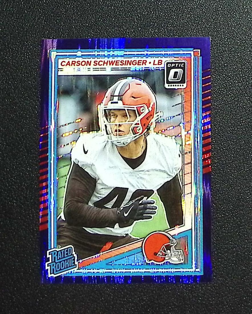 Carson Schwesinger Rookie Card Purple Shock 2025 Donruss Optic #217 Browns: Panini, Donruss Optic, & Donruss Select, Prizm, Mosaic, Contenders, Zenith, Phoenix, Illusions, Absolute, Rookie NFL Sports Trading Cards, SP, SSP, Cards, Football Cards for Sale Near Me, Superbowl & 