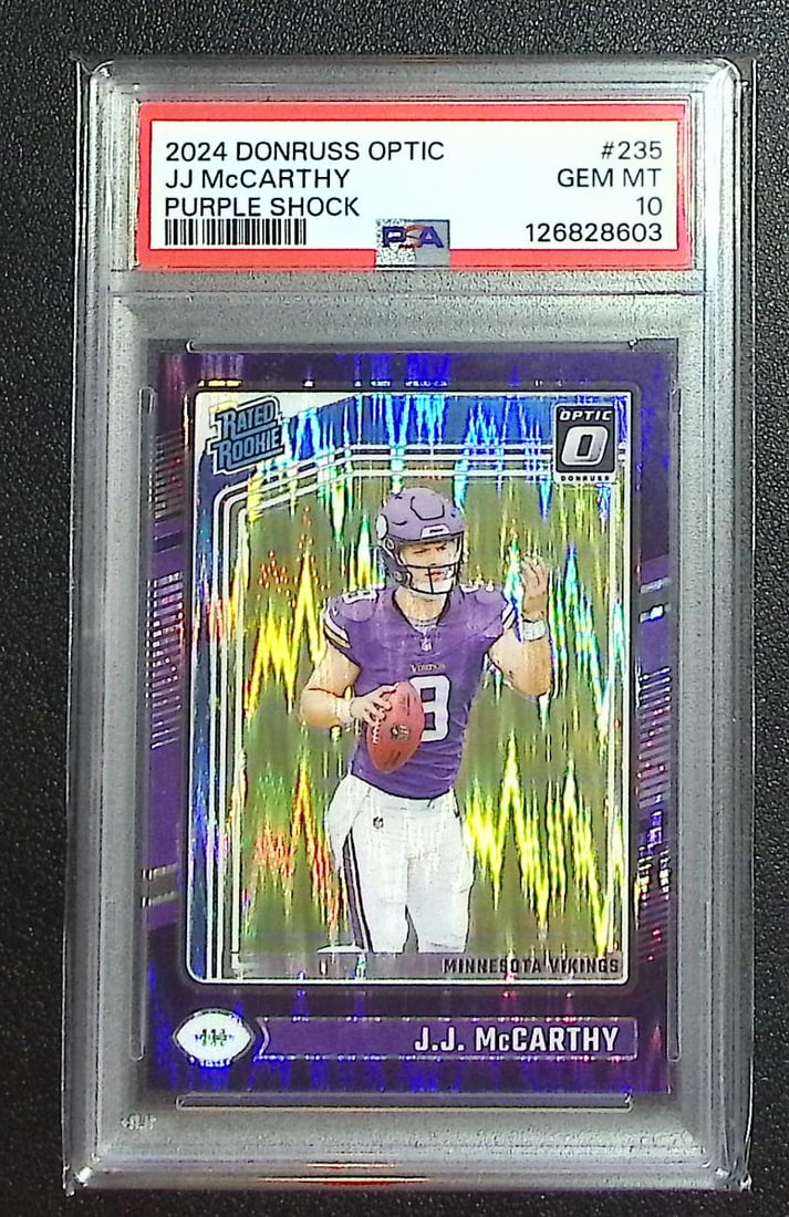 JJ McCarthy Rookie Card Purple Shock 2024 Donruss Optic #235 PSA 10 Vikings: Panini, Donruss Optic, & Donruss Select, Prizm, Mosaic, Contenders, Zenith, Phoenix, Illusions, Absolute, Rookie NFL Sports Trading Cards, SP, SSP, Cards, Football Cards for Sale Near Me, Superbowl & 