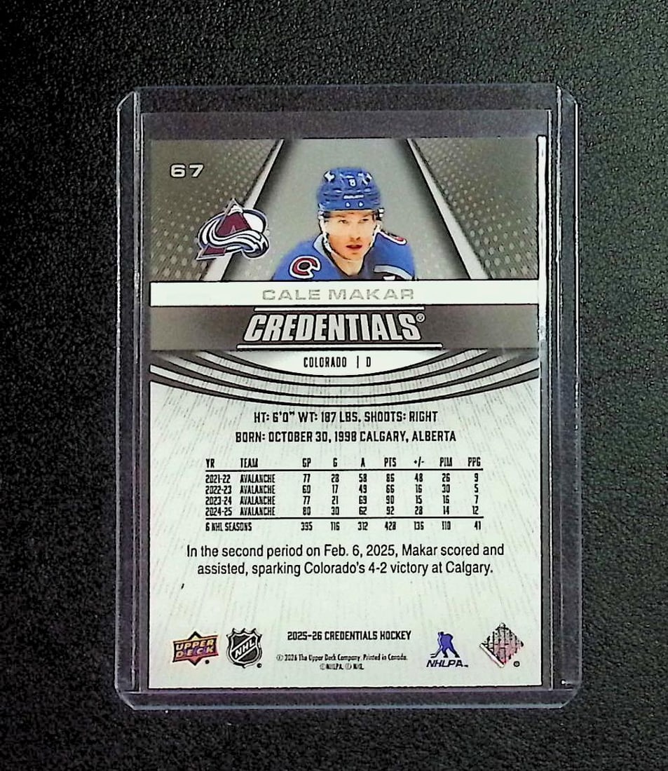 Cale Makar Credentials 2026 Upper Deck #67 - 2