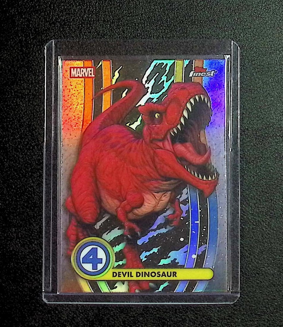 Devil Dinosaur Refractor 2026 Topps Finest #012: Topps, Fleer Upper Deck, Chrome Super Heroes DC & Marvel, Marvel Studios, MCU, Superheroes, Marvel Comis, Captain America, Thor, Hulk, Iron Man, Avengers, Thanos