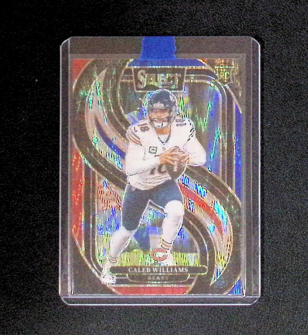 Caleb Williams Rookie Red & Blue Premier Level Shock Prizm 2024 Panini Select #114: Panini, Donruss Optic, & Donruss Select, Prizm, Mosaic, Contenders, Zenith, Phoenix, Illusions, Absolute, Rookie NFL Sports Trading Cards, SP, SSP, Cards, Football Cards for Sale Near Me, Superbowl & 