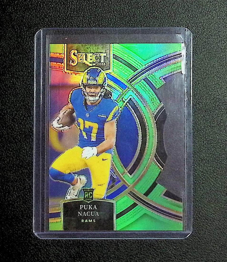 Puka Nacua Rookie Die-Cut Lime Green Premier Prizm /499 2023 Panini Select #199: Panini, Donruss Optic, & Donruss Select, Prizm, Mosaic, Contenders, Zenith, Phoenix, Illusions, Absolute, Rookie NFL Sports Trading Cards, SP, SSP, Cards, Football Cards for Sale Near Me, Superbowl & 