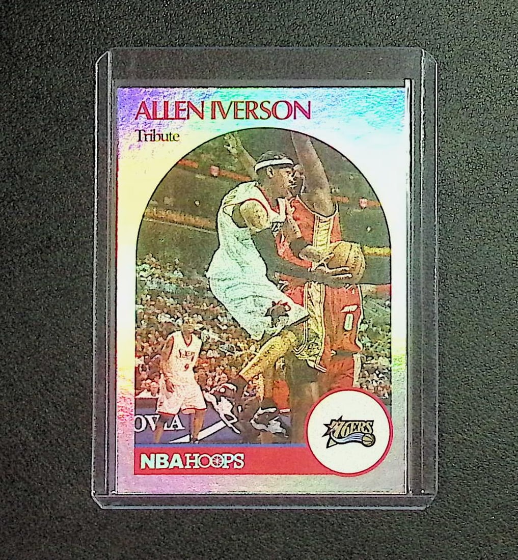 Allen Iverson Rookie Foil Reprint 2021 NBA Hoops #266: Panini, Donruss Optic, Donruss Select, Prizm, Mosaic, Contenders, Revolution, Phoenix, NBA Hoops, Rookie NFL Sports Trading Cards, Silver, SP, SSP, Wave Prizms, Numbered Cards, Basketball sports Cards