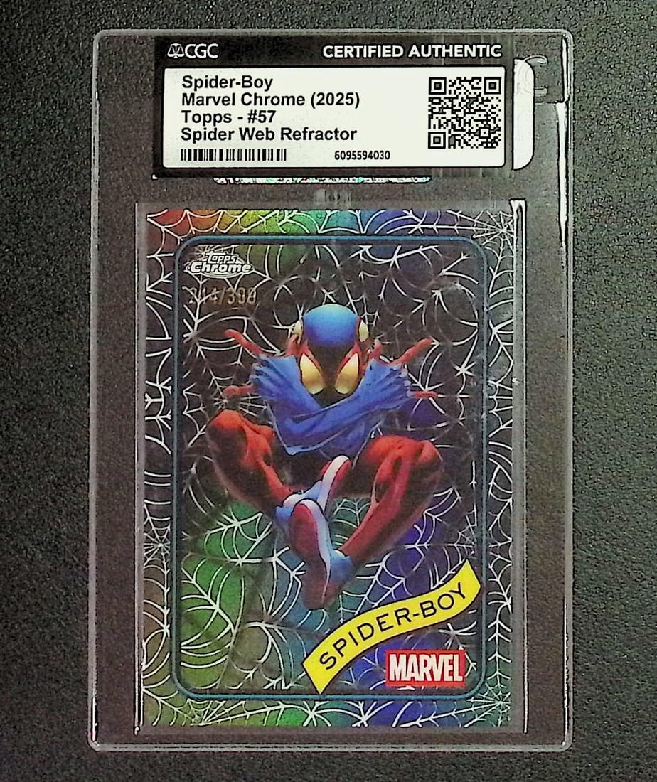 Spider-Boy Spider Web Refractor /399 Certified Authentic 2025 Topps Marvel #57: Topps, Fleer Upper Deck, Chrome Super Heroes DC & Marvel, Marvel Studios, MCU, Superheroes, Marvel Comis, Captain America, Thor, Hulk, Iron Man, Avengers, Thanos