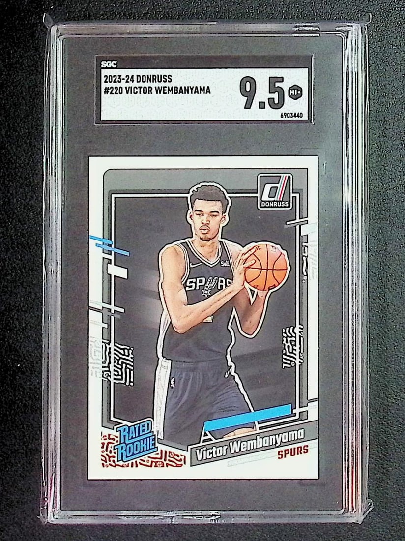 Victor Wembanyama Rated Rookie SGC 9.5 MT 2024 Donruss #220: Panini, Donruss Optic, Donruss Select, Prizm, Mosaic, Contenders, Revolution, Phoenix, NBA Hoops, Rookie NFL Sports Trading Cards, Silver, SP, SSP, Wave Prizms, Numbered Cards, Basketball sports Cards