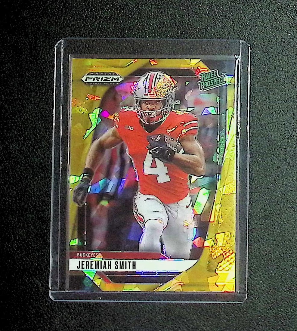 Jeremiah Smith Rated Prospect Gold Cracked Ice Prizm 2025 Panini Prizm Draft Picks #160: Panini, Donruss Optic, & Donruss Select, Prizm, Mosaic, Contenders, Zenith, Phoenix, Illusions, Absolute, Rookie NFL Sports Trading Cards, SP, SSP, Cards, Football Cards for Sale Near Me, Superbowl & 