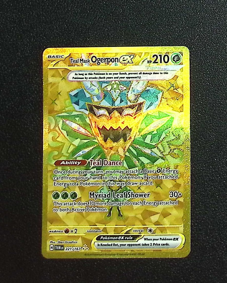 Pokemon Twilight Masquerade Teal Mask Ogerpon Ex Gold Hyper Rare #221: Pokemon Trading Card Game Cards, Charizard, Pikachu, Mewtwo, Reverse Holo, Holo Rare, Secret Rare Cards, Full Art Cards, Eevee, Ultra Rare Card, Illustration Rare, Special Illustration Rare SIR