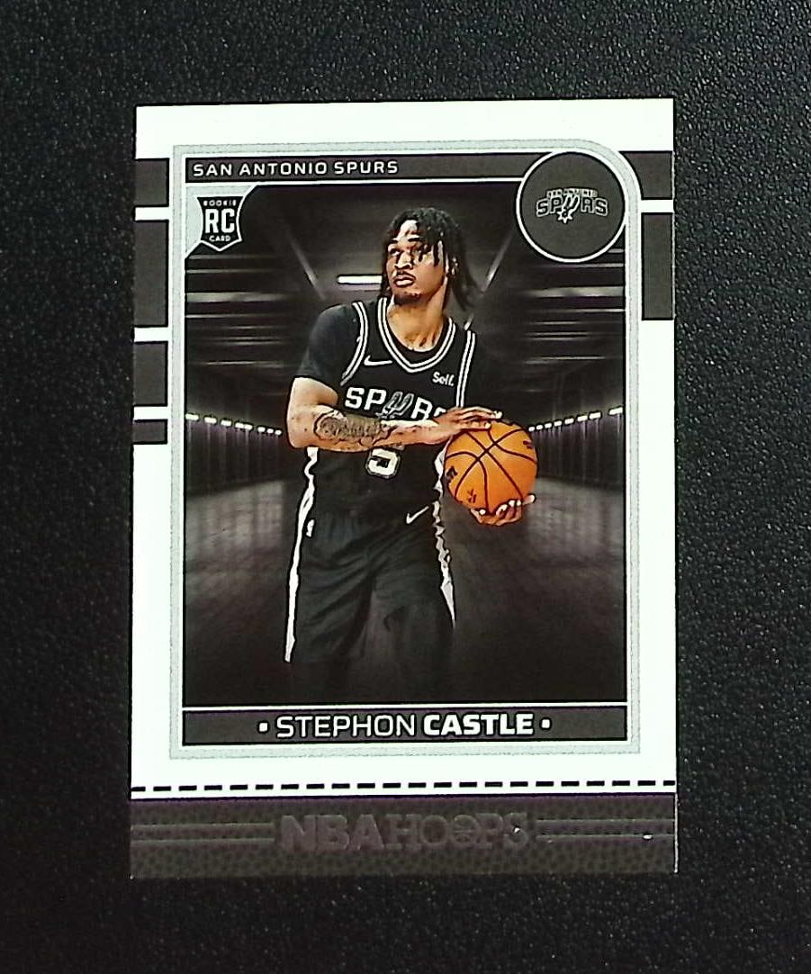Stephon Castle Rookie Card 2024-25 NBA Hoops #234 San Antonio Spurs: Panini, Donruss Optic, Donruss Select, Prizm, Mosaic, Contenders, Revolution, Phoenix, NBA Hoops, Rookie NFL Sports Trading Cards, Silver, SP, SSP, Wave Prizms, Numbered Cards, Basketball sports Cards