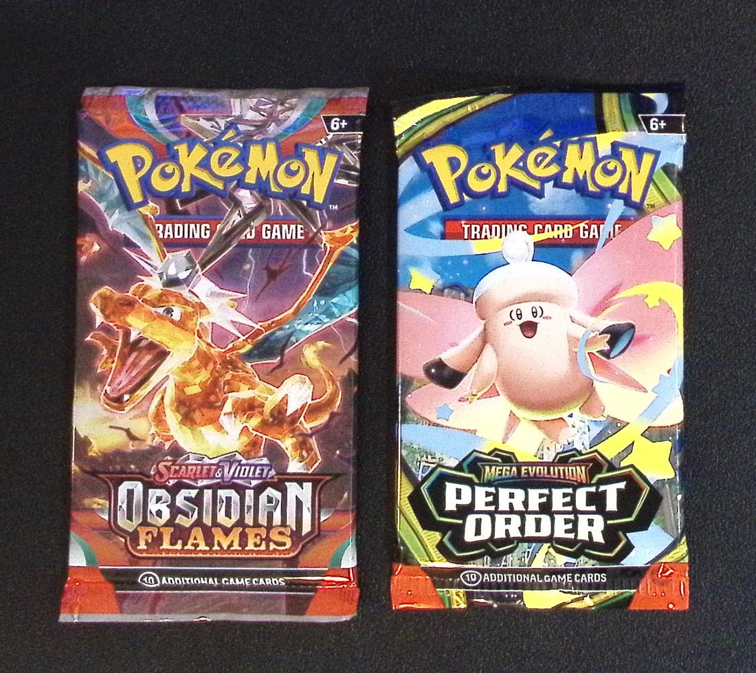 Lot of 2 Pokemon Booster Packs. 1 Obsidian Flames & 1 Perfect Order: Pokemon Trading Card Game Cards, Charizard, Pikachu, Mewtwo, Reverse Holo, Holo Rare, Secret Rare Cards, Full Art Cards, Eevee, Ultra Rare Card, Illustration Rare, Special Illustration Rare SIR