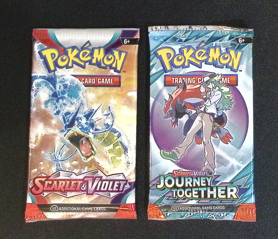 Lot of 2 Pokemon Booster Packs. 1 Scarlet & Violet Base Set & 1 Journey Together: Pokemon Trading Card Game Cards, Charizard, Pikachu, Mewtwo, Reverse Holo, Holo Rare, Secret Rare Cards, Full Art Cards, Eevee, Ultra Rare Card, Illustration Rare, Special Illustration Rare SIR