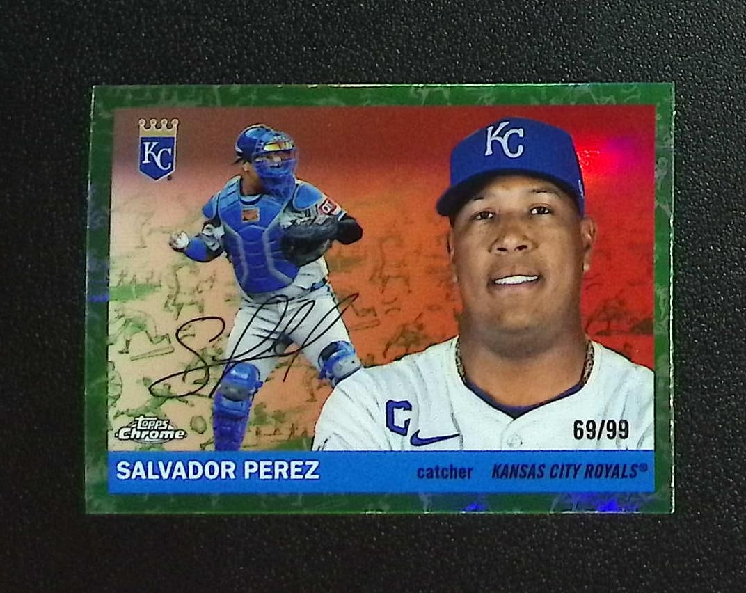 Salvador Perez Platinum Toil White/Green /99 2025 Topps Chrome Platinum #87 Royals: Topps, Bowman, & Fanatics Baseball MLB Trading & Sports Cards, Sports Cards for Sale Near Me, World Series & Hall of Fame Players Memorabilia, Refractors, X-Fractors, Numbered, SP, SSP, Valuable Aucti