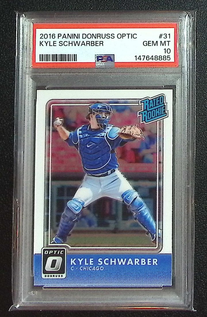 Kyle Schwarber Rookie Card 2016 Donruss Optic #31 PSA 10 Cubs, Phillies: Panini, Donruss, & Donruss Optic Baseball MLB Trading & Sports Cards, Sports Cards for Sale Near Me, Prizm, Mosaic, Select, SP, SSP, Auction Memorabilia Lots for Sale On Line, World Series & Hall of F