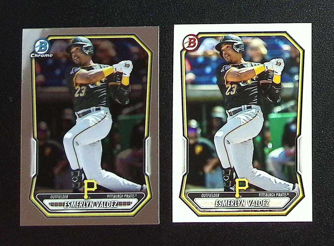 Lot of 2 Esmerlyn Valdez Bowman Prospect Cards. 1 Paper, 1 Chrome. Pittsburgh Pirates: Topps, Bowman, & Fanatics Baseball MLB Trading & Sports Cards, Sports Cards for Sale Near Me, World Series & Hall of Fame Players Memorabilia, Refractors, X-Fractors, Numbered, SP, SSP, Valuable Aucti
