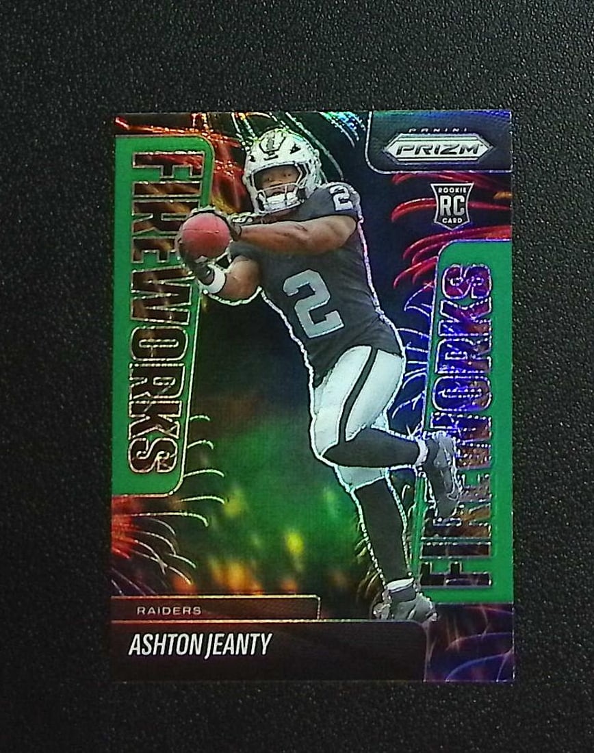 Ashton Jeanty Rookie Card Fireworks Green Prizm 2025 Panini Prizm #10 Raiders: Panini, Donruss Optic, & Donruss Select, Prizm, Mosaic, Contenders, Zenith, Phoenix, Illusions, Absolute, Rookie NFL Sports Trading Cards, SP, SSP, Cards, Football Cards for Sale Near Me, Superbowl & 