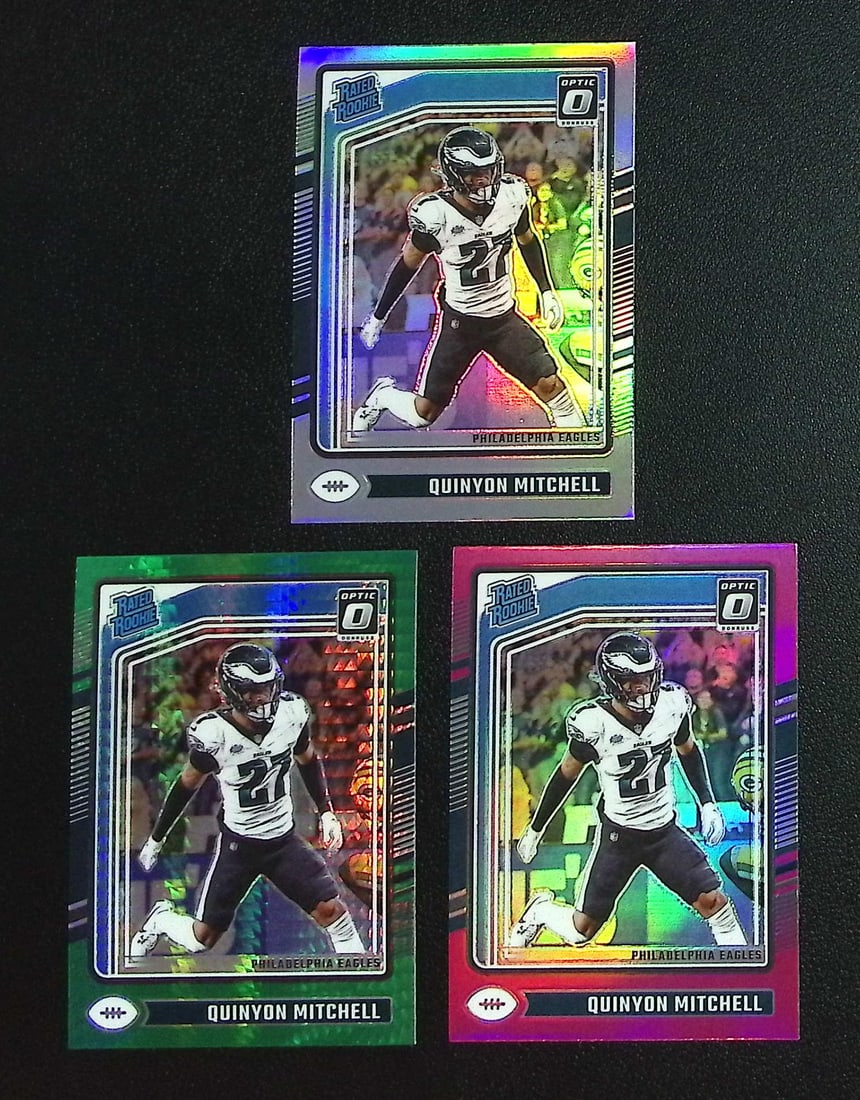 Lot of 3 Quinyon Mitchell Rookie Card Prizms 2024 Donruss Optic. Holo, Pink, Green Hyper: Panini, Donruss Optic, & Donruss Select, Prizm, Mosaic, Contenders, Zenith, Phoenix, Illusions, Absolute, Rookie NFL Sports Trading Cards, SP, SSP, Cards, Football Cards for Sale Near Me, Superbowl & 