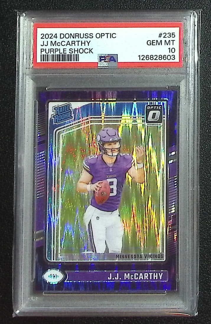 JJ McCarthy Rookie Card Purple Shock 2024 Donruss Optic #235 PSA 10 Vikings