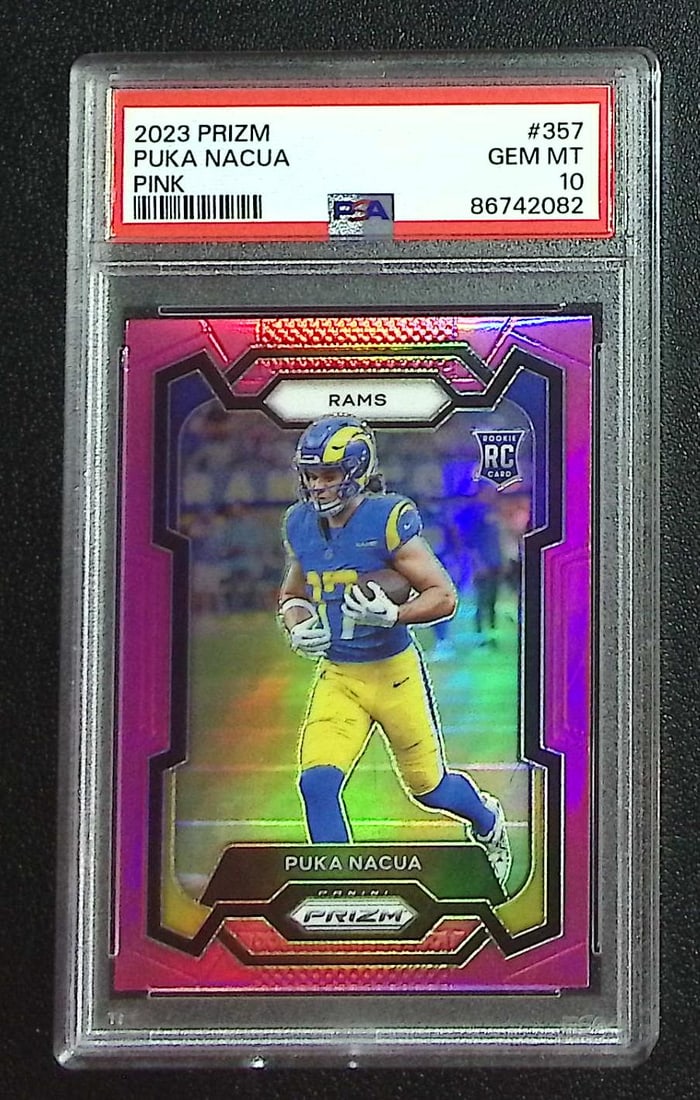 Puka Nacua Rookie Card Pink Prizm 2023 Panini Prizm #357 PSA 10 Los Angeles Rams: Panini, Donruss Optic, & Donruss Select, Prizm, Mosaic, Contenders, Zenith, Phoenix, Illusions, Absolute, Rookie NFL Sports Trading Cards, SP, SSP, Cards, Football Cards for Sale Near Me, Superbowl & 
