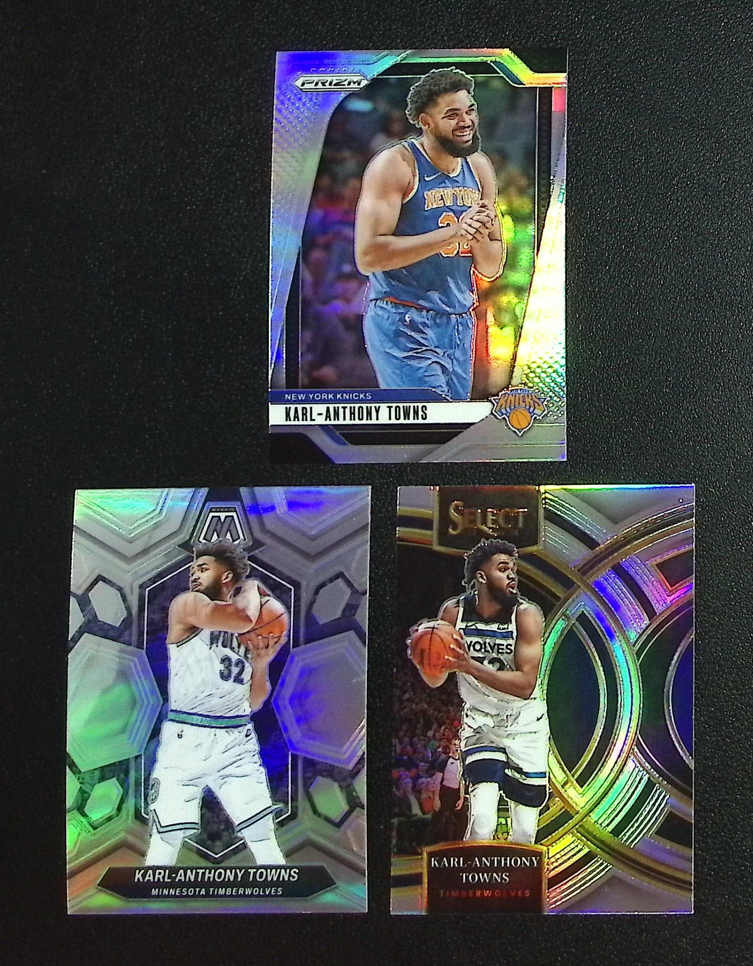 Lot of 3 Karl-Anthony Towns Silver Prizms. All Different, See Pictures. Timberwolves, Knicks: Panini, Donruss Optic, Donruss Select, Prizm, Mosaic, Contenders, Revolution, Phoenix, NBA Hoops, Rookie NFL Sports Trading Cards, Silver, SP, SSP, Wave Prizms, Numbered Cards, Basketball sports Cards