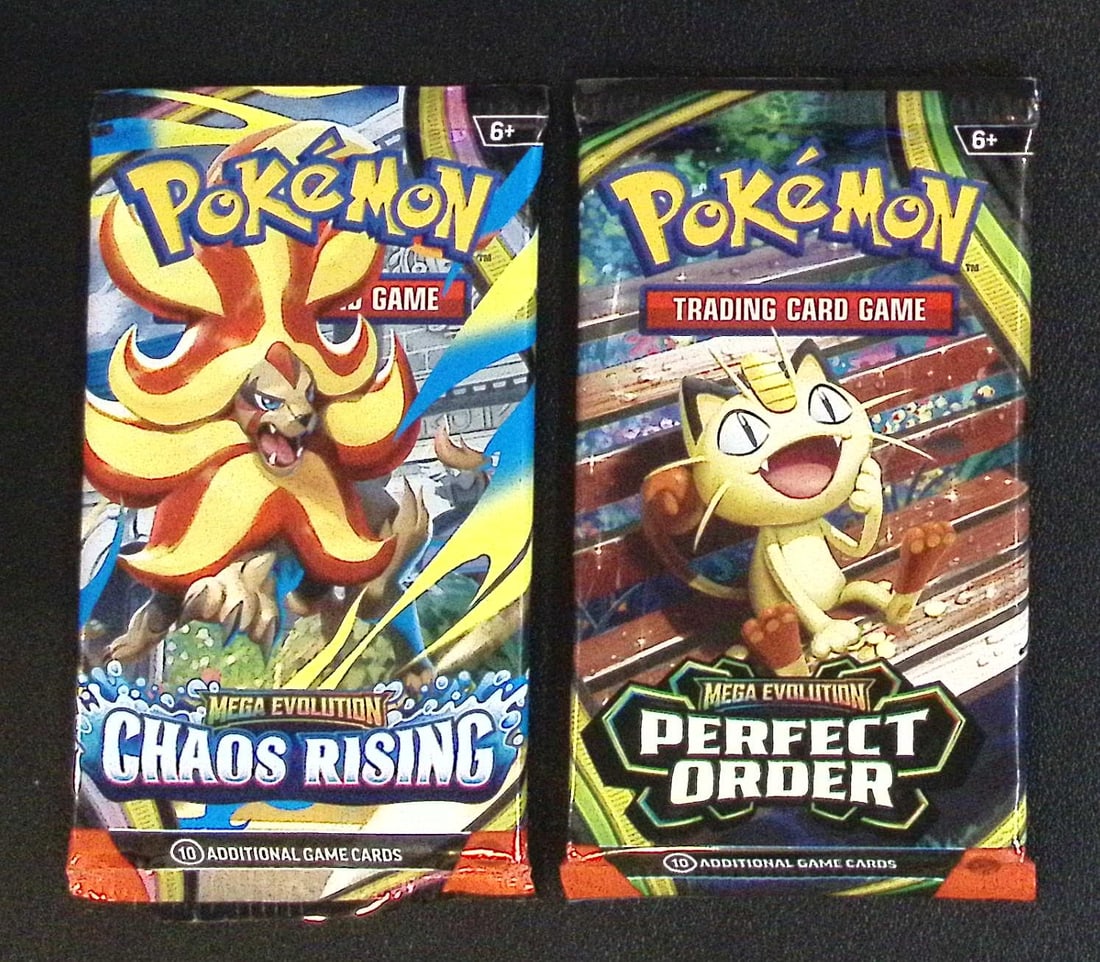 Lot of 2 Pokemon Booster Packs. 1 Chaos Rising & 1 Perfect Order: Pokemon Trading Card Game Cards, Charizard, Pikachu, Mewtwo, Reverse Holo, Holo Rare, Secret Rare Cards, Full Art Cards, Eevee, Ultra Rare Card, Illustration Rare, Special Illustration Rare SIR