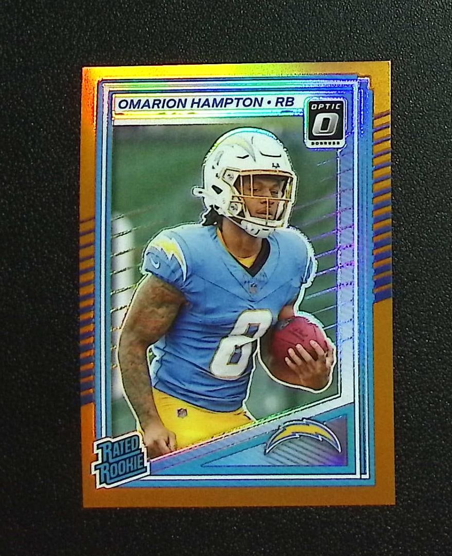 Omarion Hampton Rookie Card Orange Prizm /299 2025 Donruss Optic #212 Chargers: Panini, Donruss Optic, & Donruss Select, Prizm, Mosaic, Contenders, Zenith, Phoenix, Illusions, Absolute, Rookie NFL Sports Trading Cards, SP, SSP, Cards, Football Cards for Sale Near Me, Superbowl & 